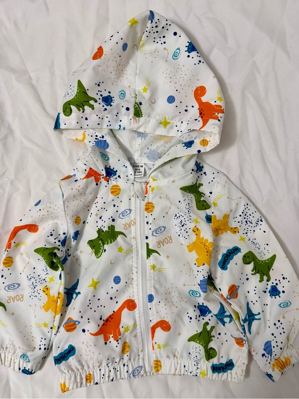 SHEIN White Hooded Zip Jacket with Colorful Space & Dinosaur Print
